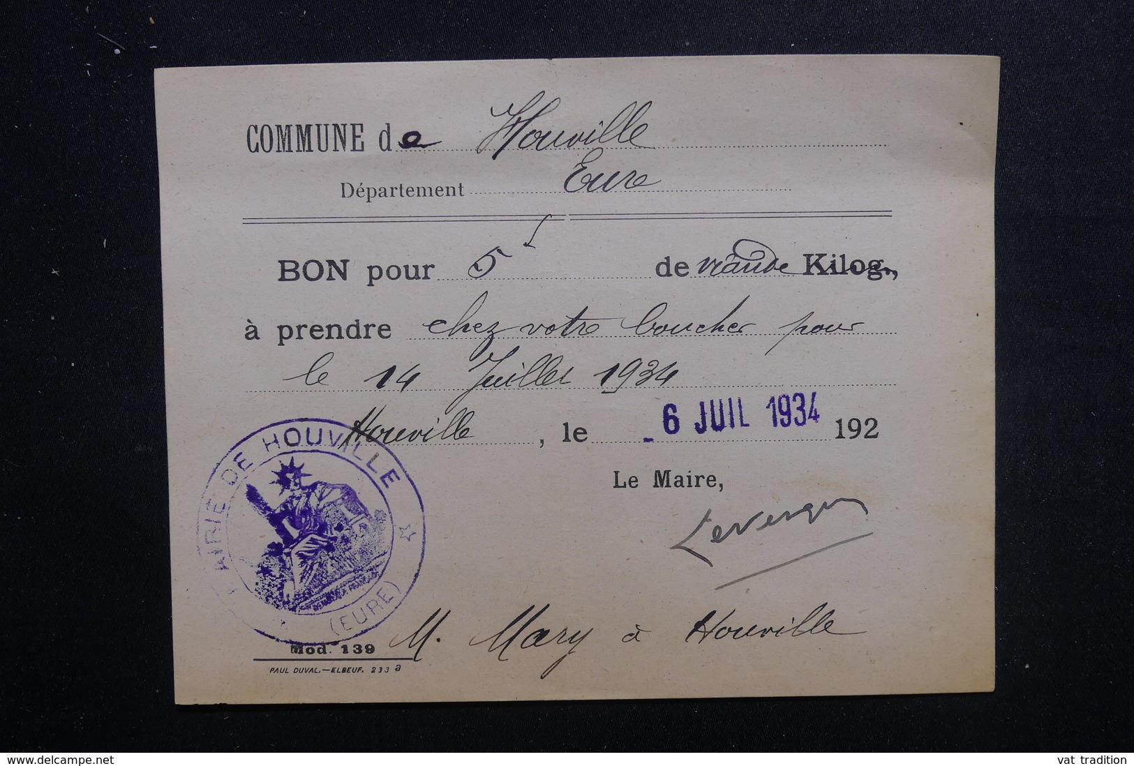 FRANCE - Bon De 5 Kg De Viandes De La Commune De Hauville En 1934 Pour Le 14 Juillet - L 49626 - Sammlungen