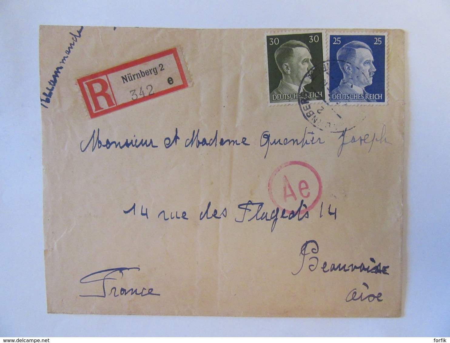 Guerre 39-45 - 3 Enveloppes provenant du Camp de Nürnberg (Nuremberg) vers Beauvais dont 2 Recommandés, 1943