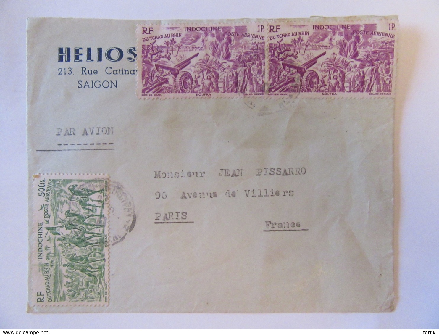 Enveloppe Indochine (HELIOS, SAIGON) Vers Paris Par Avion - 3 Timbres PA YT N°40 Et 41 - Vers 1946 - Covers & Documents