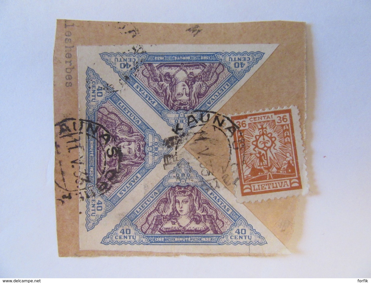 Lituanie / Lietuva - 4 Timbres Sur Fragment Dont Bande De 3 X 40 Centu Non-dentelés - 1933 - Lituanie