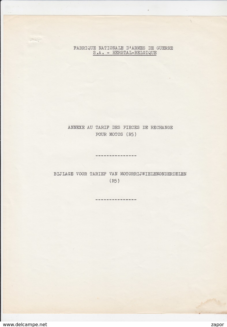 Brochure du FN Herstal - Fabrique Nationale d'Armes de Guerre + Annexe des pieces de rechange motos 1959