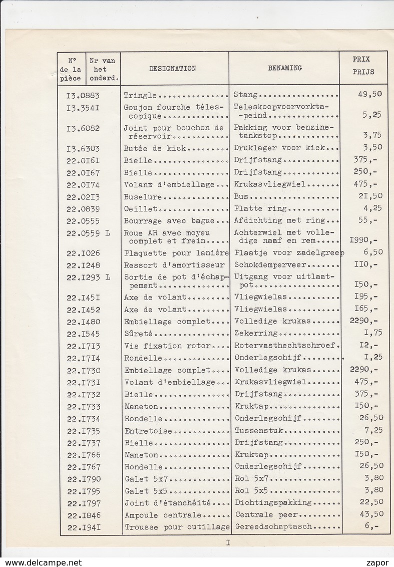 Brochure du FN Herstal - Fabrique Nationale d'Armes de Guerre + Annexe des pieces de rechange motos 1959