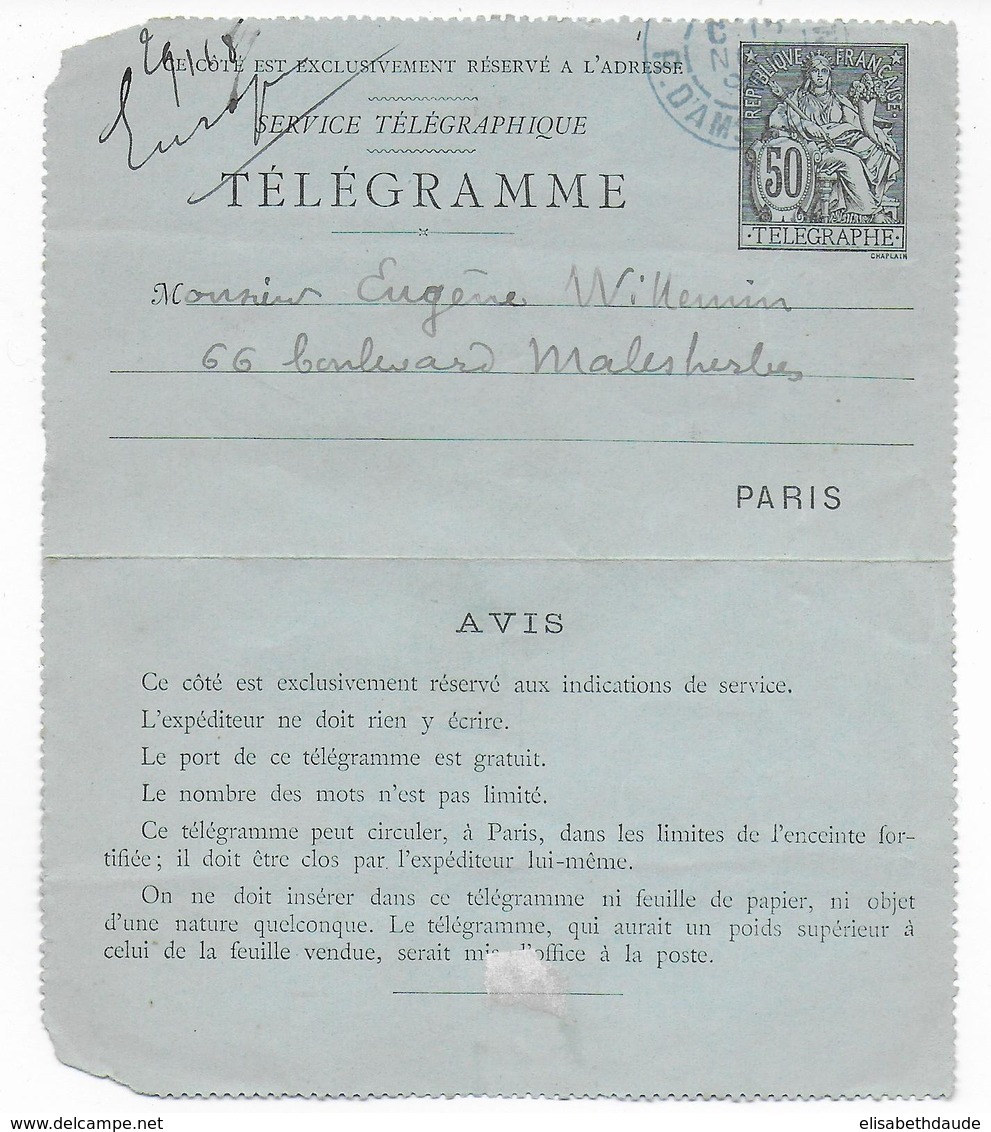 1894 - CARTE-LETTRE ENTIER PNEUMATIQUE CHAPLAIN ILLUSTREE Avec DESSIN !! De PARIS - Neumáticos