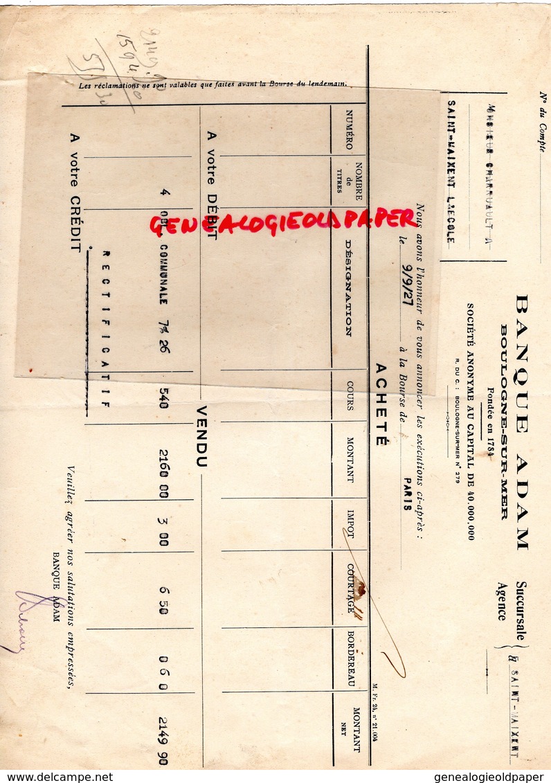 62- BOULOGNE SUR MER - BANQUE ADAM - ORDRE DE BOURSE PARIS- AGENCE SAINT MAIXENT - 1927 - Bank En Verzekering