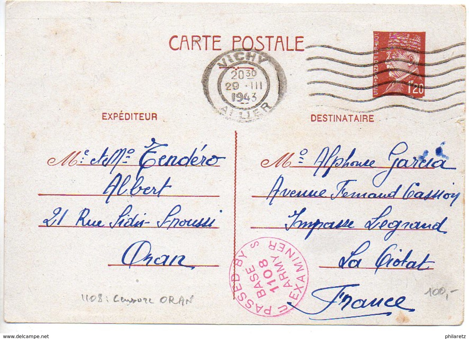 Carte Pétain Expédiée D'Algérie Pour La France Après Le Débarquement Des Alliés Du 8 Novembre 1942 ............ - Cartes Postales Types Et TSC (avant 1995)