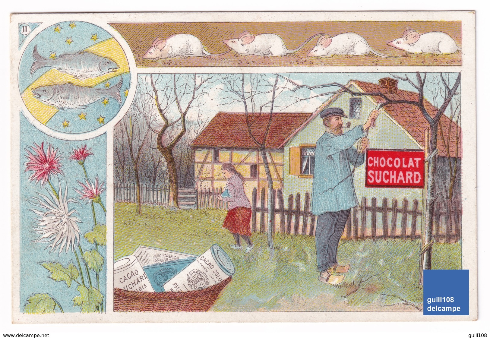 Jolie Chromo Publicité Chocolat Suchard Scène Champêtre Rat Poisson Souris Automne Hiver Mouse Fish Trade Card A31-72 - Suchard