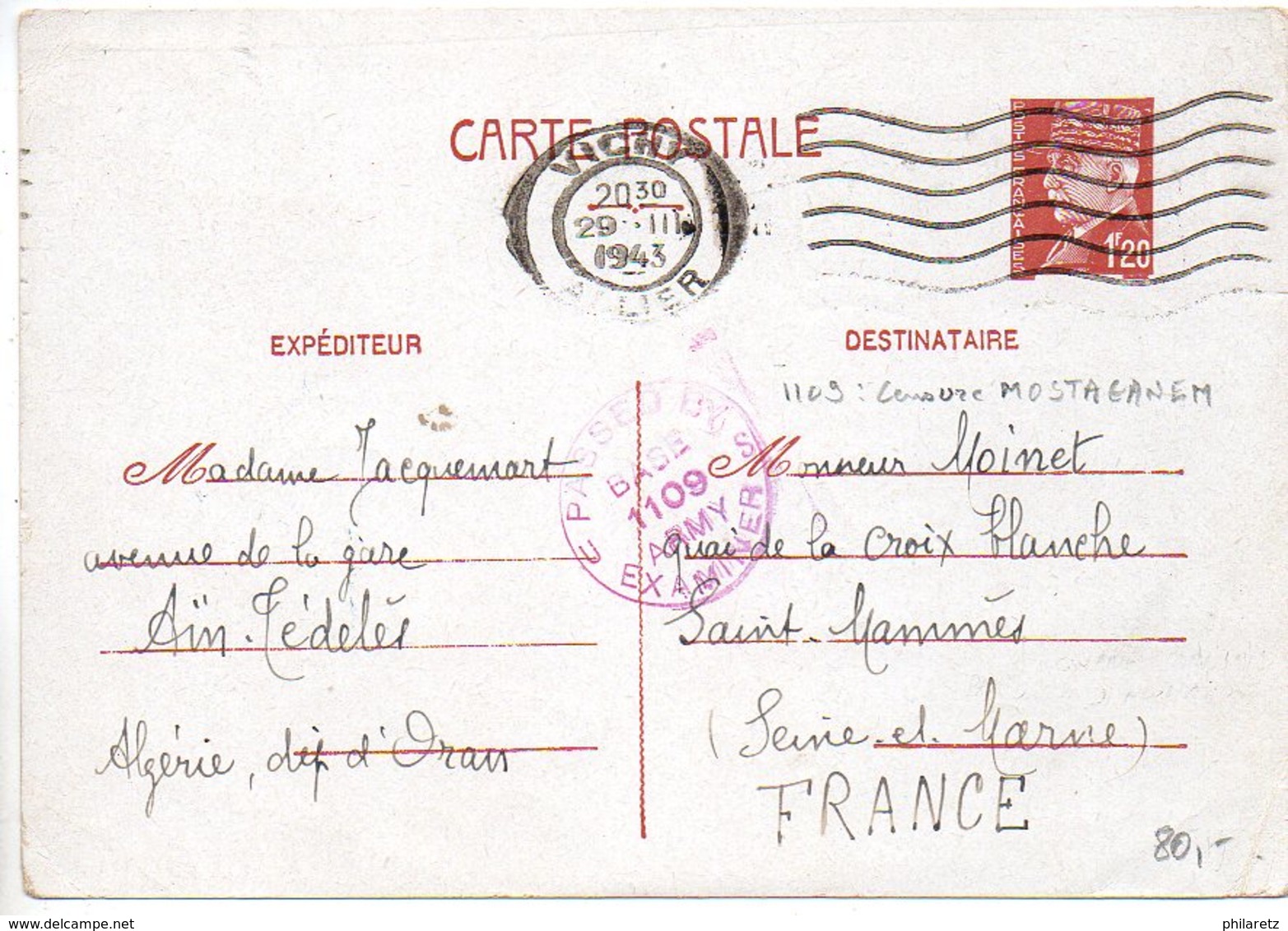 Carte Pétain Expédiée D'Algérie Pour La France Après Le Débarquement Des Alliés Du 8 Novembre 1942 ............ - Cartoline Postali E Su Commissione Privata TSC (ante 1995)