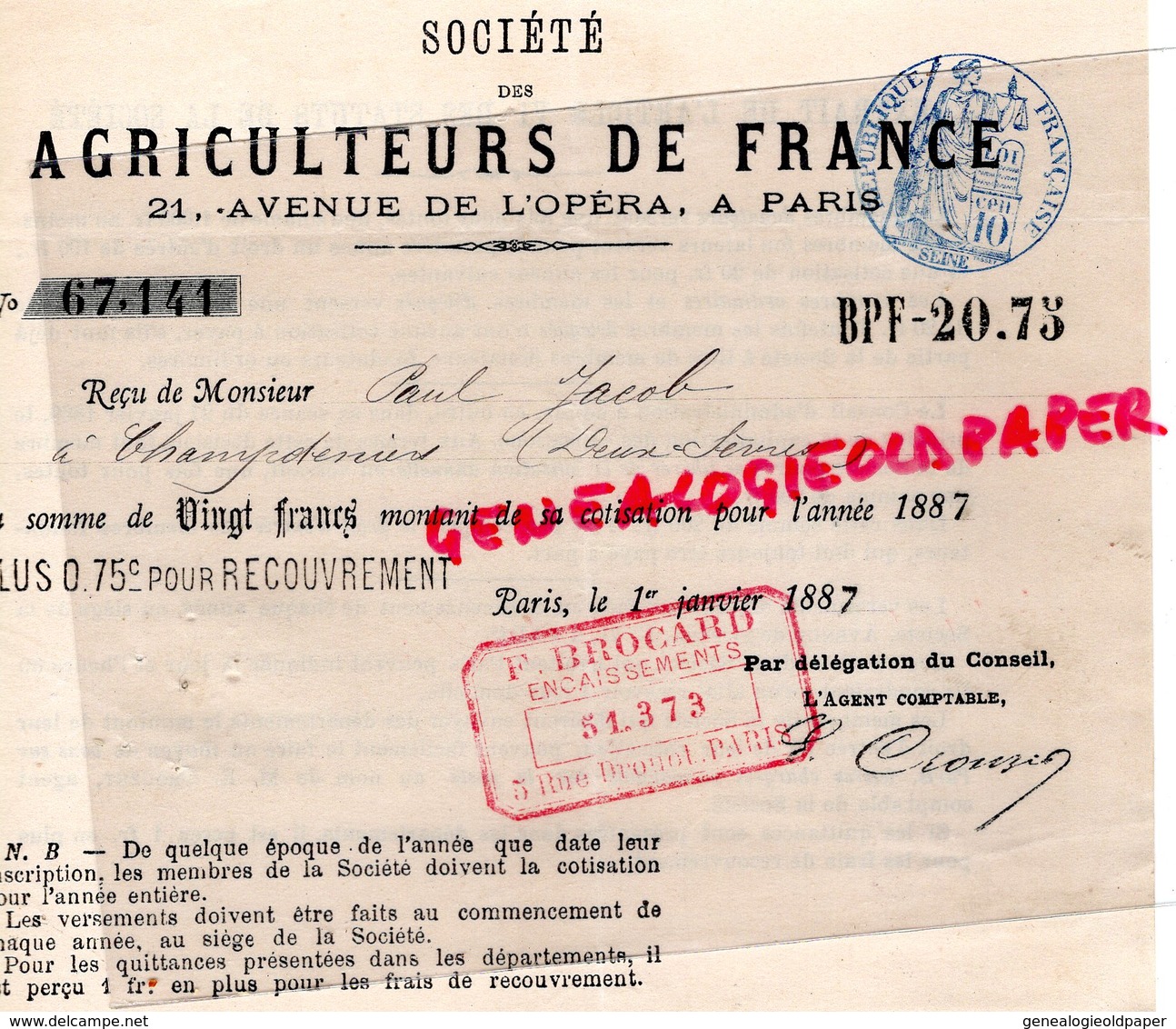 79- CHAMPDENIERS-75- PARIS - AGRICULTURE-RARE RECU SOCIETE AGRICULTEURS DE FRANCE- PAUL JACOB-1887-21 AVENUE OPERA - Landwirtschaft