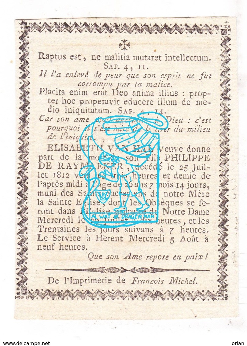 DP Philippe De Raymaeker / Van Hal ° 1786 † Leuven ? Herent ? 1812 - Images Religieuses