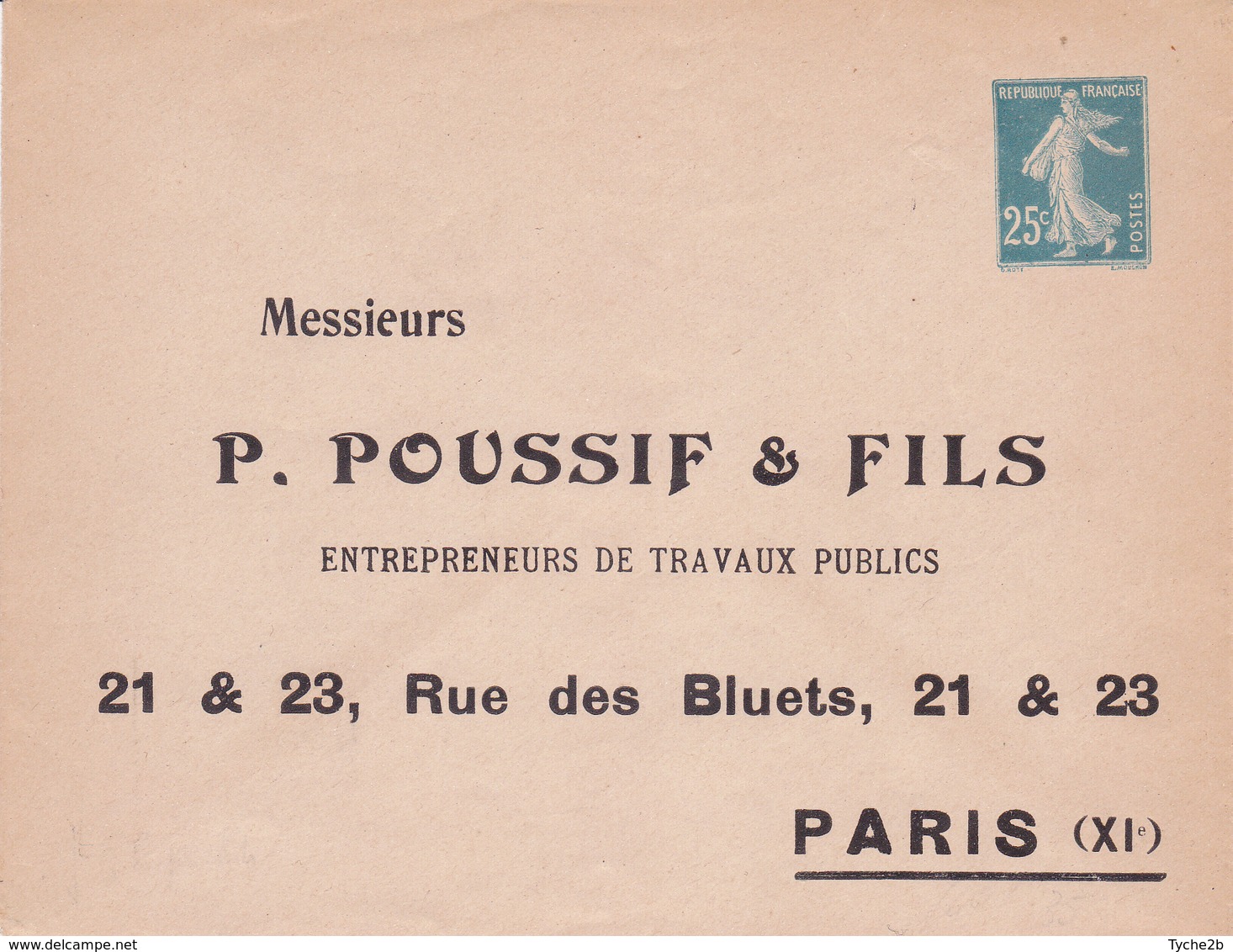 Enveloppe Semeuse Camée 25 C Bleu J8b Neuve Repiquage Poussif - Overprinted Covers (before 1995)