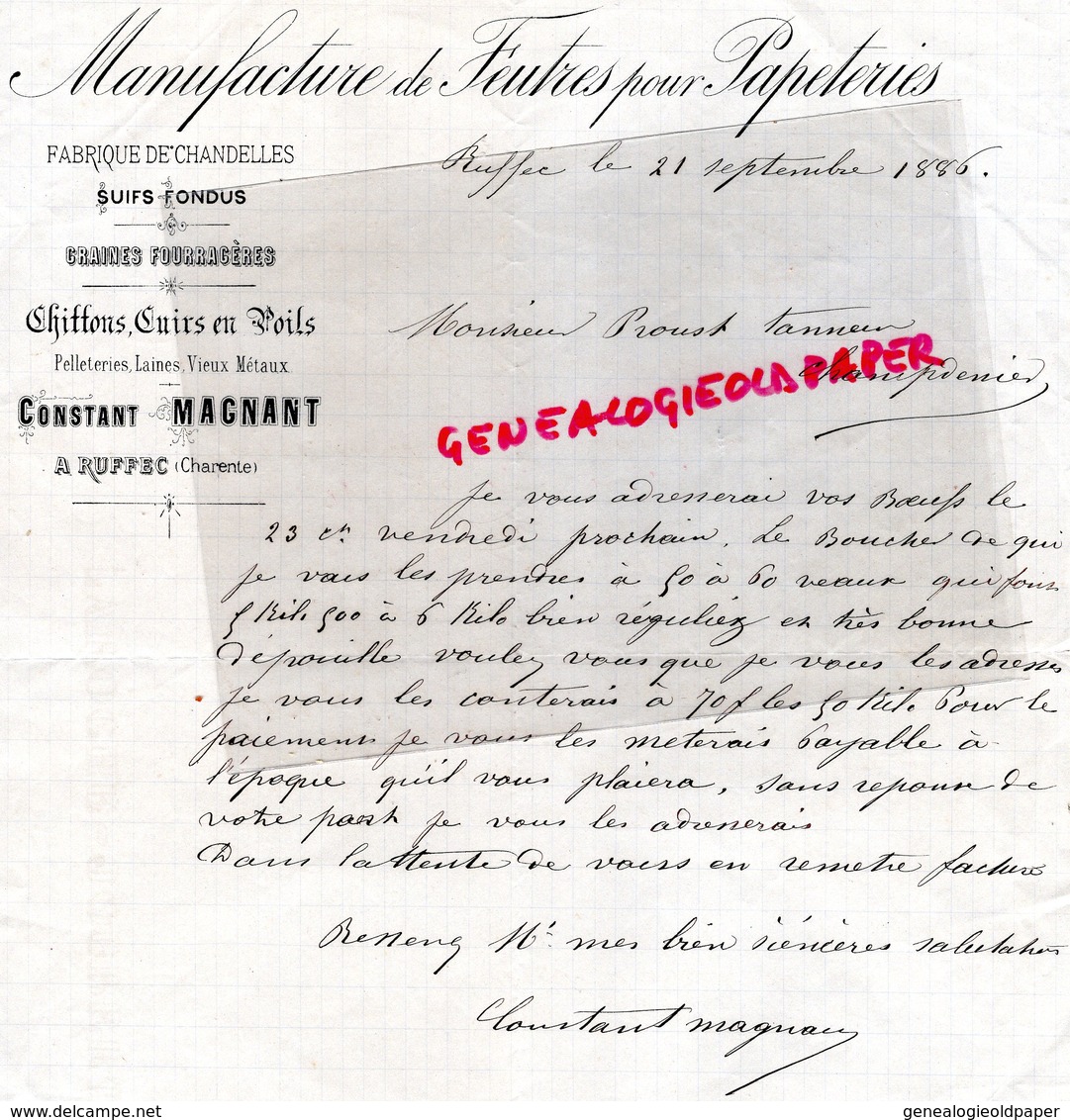 16 - RUFFEC- RARE LETTRE MANUSCRITE SIGNEE CONSTANT MAGNANT- MANUFACTURE FEUTRE POUR PAPETERIE-DABRIQUE CHANDELLES-1886 - Printing & Stationeries