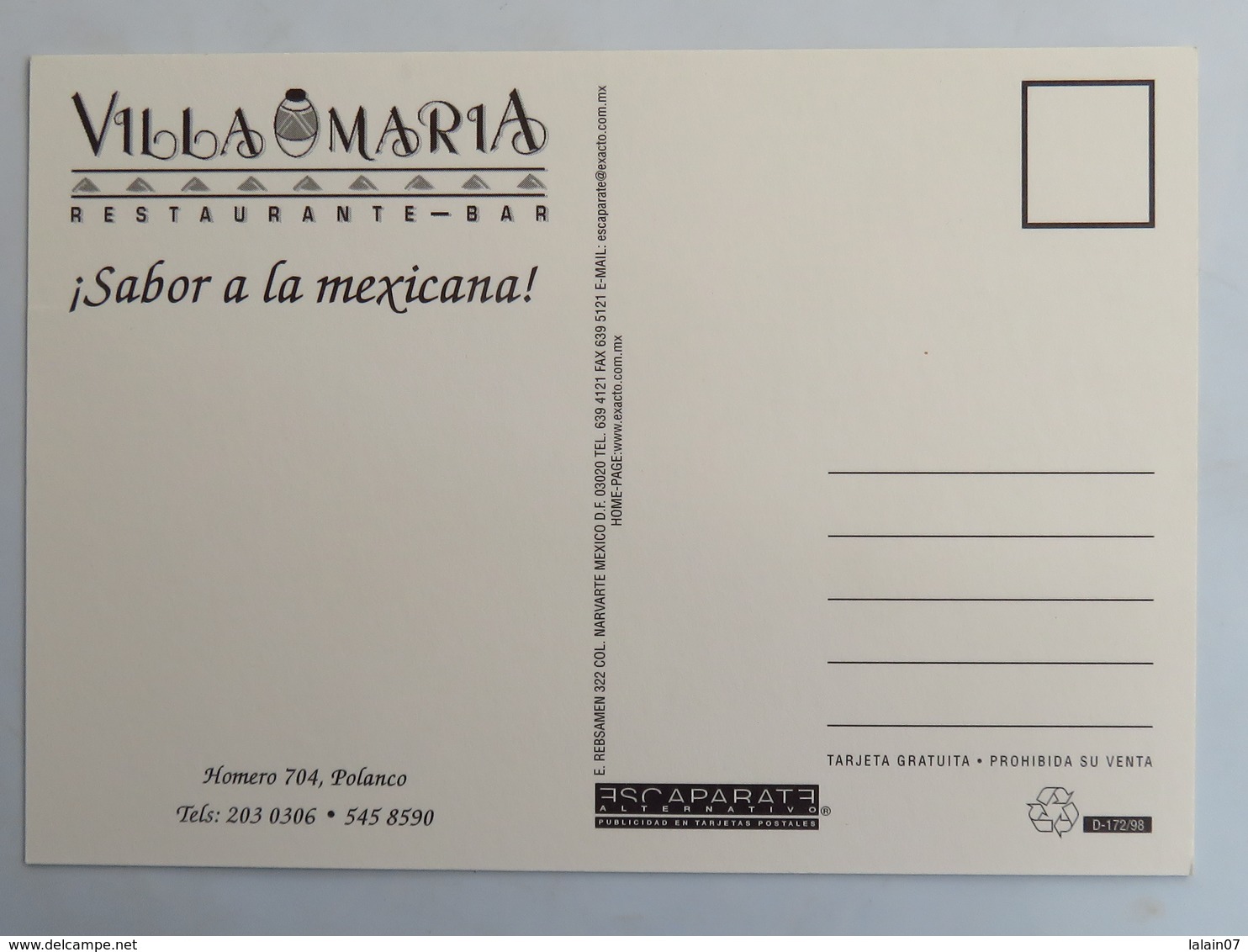 Carte Postale : MEXICO : Polanco, " VILLA MARIA" , Restaurante Bar - Mexico