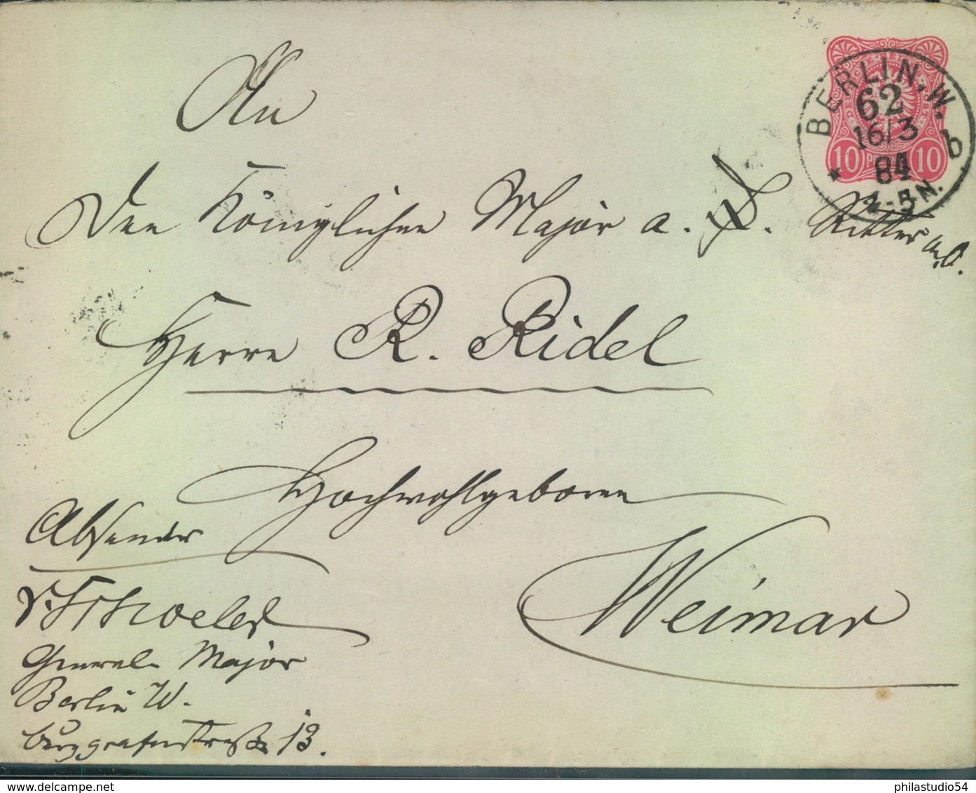 1884, "BERLIN.W. 62 * B" Glasklar Auf 10 Pfg. Ganzsachenumschlag (Format B) Nach Weimar - Franking Machines (EMA)