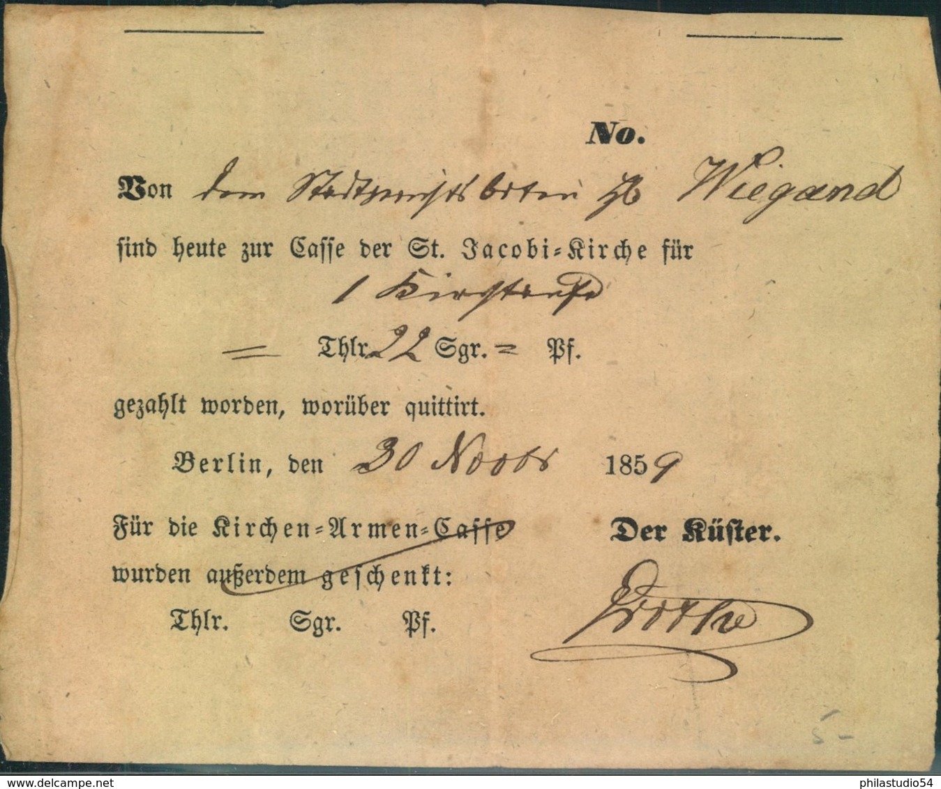 1859, BERLIN, Quittung Der St. Jakobi-Kirche über 22 Sgr. Für Eine Kindstaufe - Covers & Documents