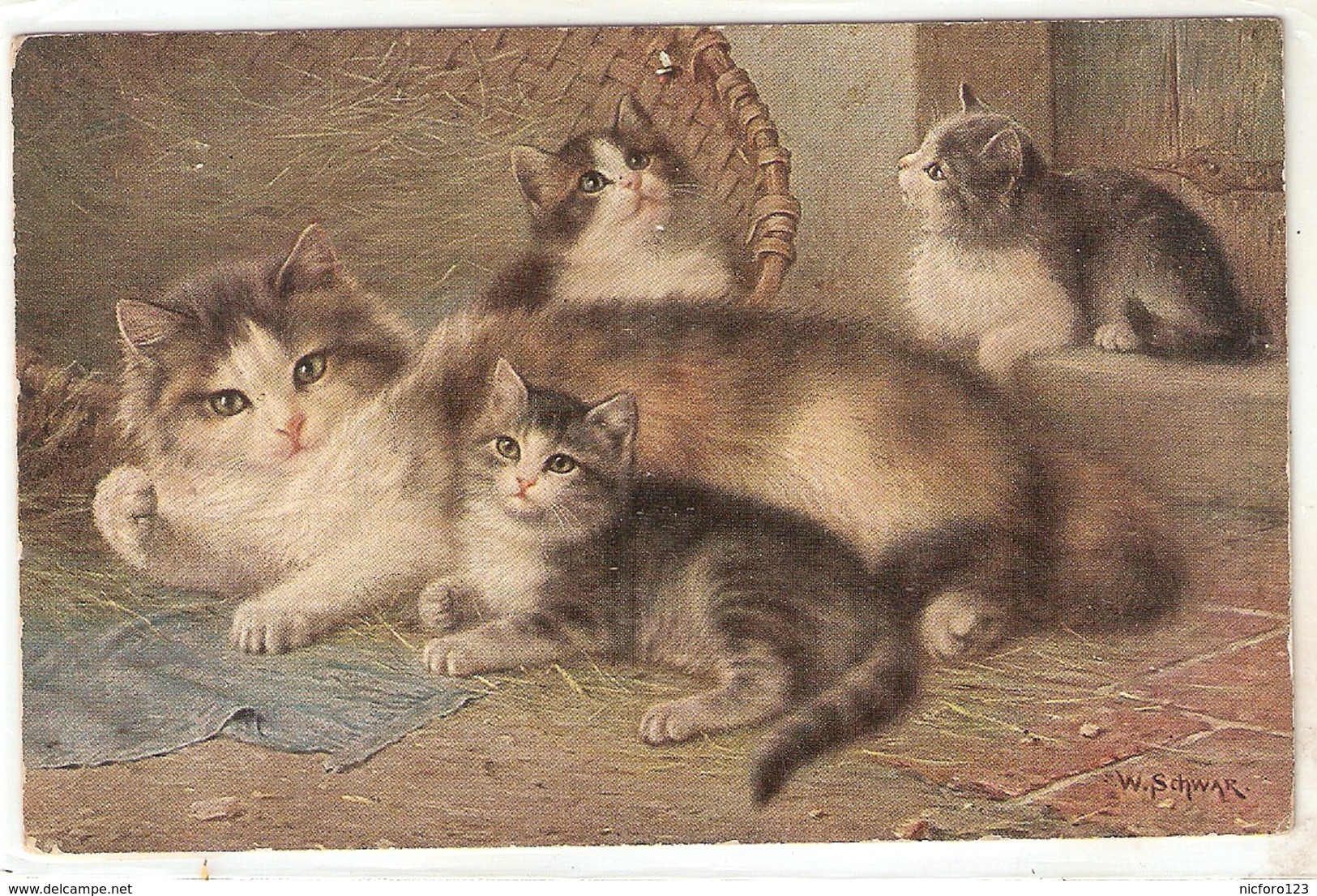 "W.Schar. Cats And Kittens. Family Joys" Tuck Oilette PC # 9764 - Tuck, Raphael