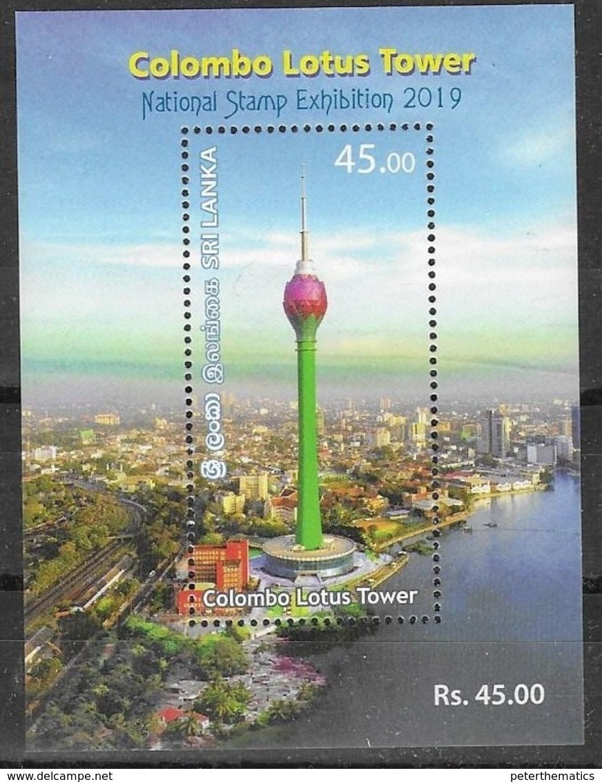 SRI LANKA, 2019, MNH,  TOWERS, COLOMBO LOTUS TOWER, CITY PANORAMIC VIEW, OVEPRPRINTED FOR NATIONAL STAMP EXHIBIITION SS - Autres & Non Classés