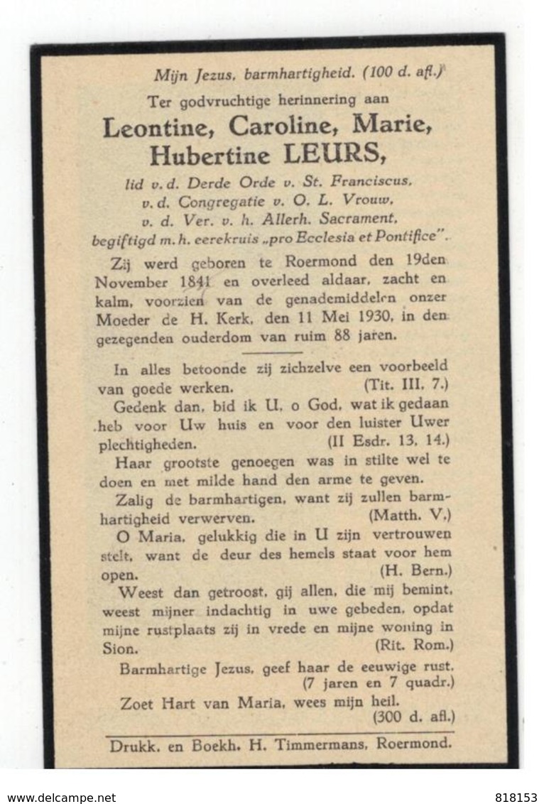 Roermond (Nl) Doodsprentje Leontine,Caroline,Marie,Hubertine LEURS 1930 - Godsdienst & Esoterisme