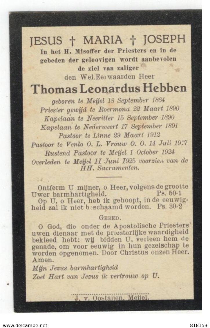 Meijel (Nl) Doodsprentje Thomas Leonardus Hebben; Priester,kapelaan,pastoor 1925 - Godsdienst & Esoterisme