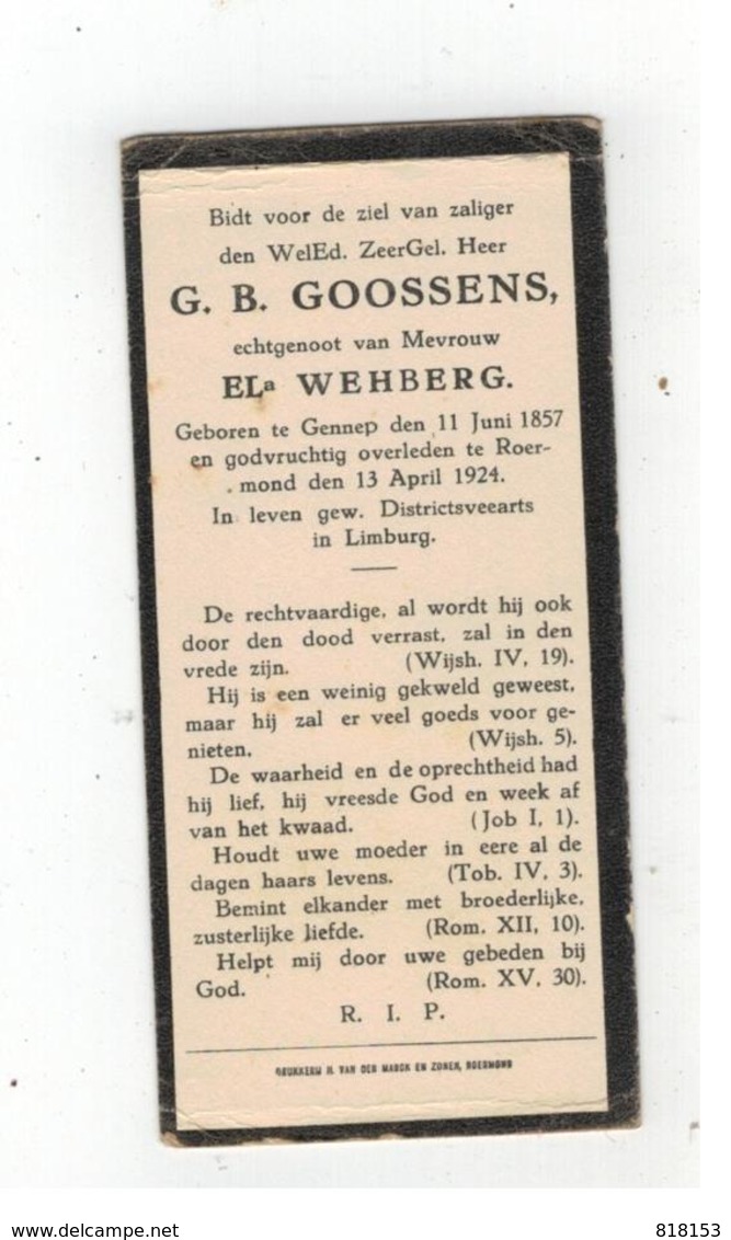 Gennep (Nl) Geboren Doodsprentje G.B. GOOSSENS  Roermond 1924 - Godsdienst & Esoterisme