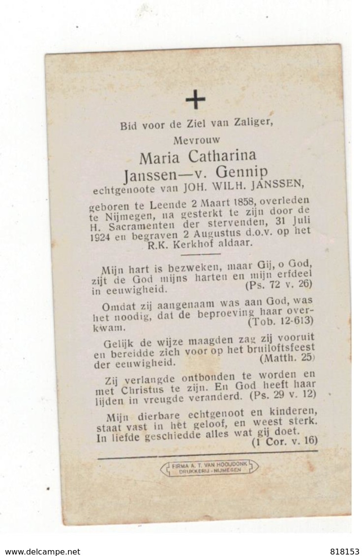 Leende (Nl) Geboren Doodsprentje Maria Catharina Janssen - V.Gennip; Nijmegen 1924 - Godsdienst & Esoterisme