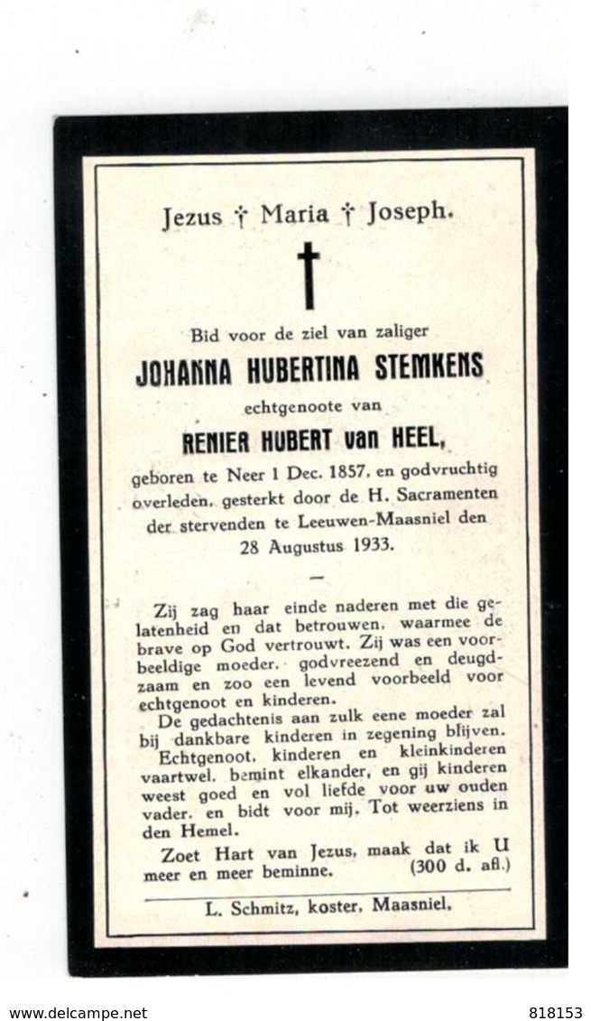 Neer Geboren (Nl)  Doodsprentje JOHANNA HUBERTINA STEMKENS  1933 Leeuwen-Maasniel - Godsdienst & Esoterisme