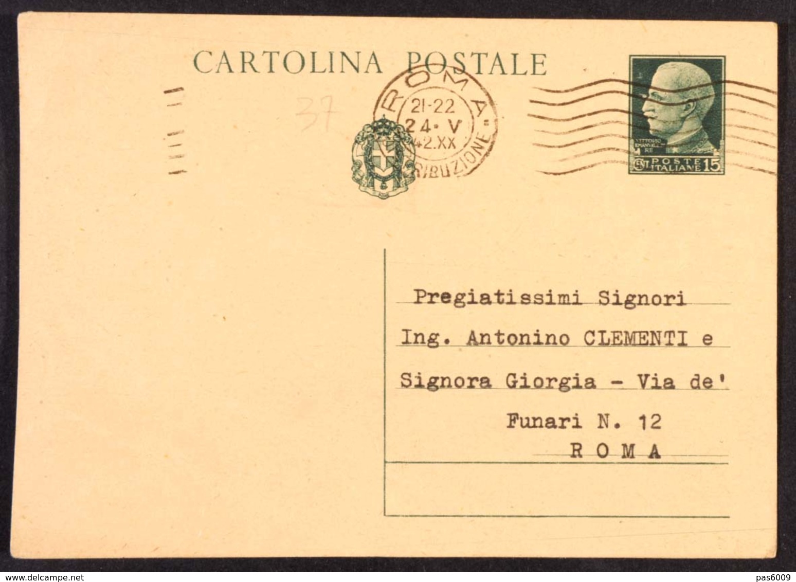 DCC037 - REGNO - CARTOLINA POSTALE CENT 15 -  DA ROMA PER CITTA 24 5 1942 - ANNULLO MECCANICO - Storia Postale