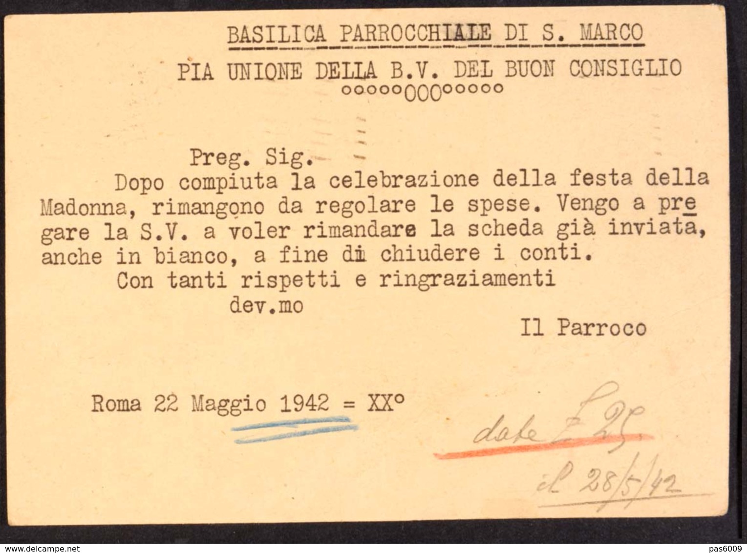 DCC037 - REGNO - CARTOLINA POSTALE CENT 15 -  DA ROMA PER CITTA 24 5 1942 - ANNULLO MECCANICO - Storia Postale