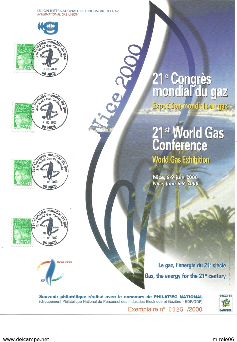 Rare Souvenir Philatélique Nice Congrès Mondial Du Gaz Juin 2000 - Cartas & Documentos