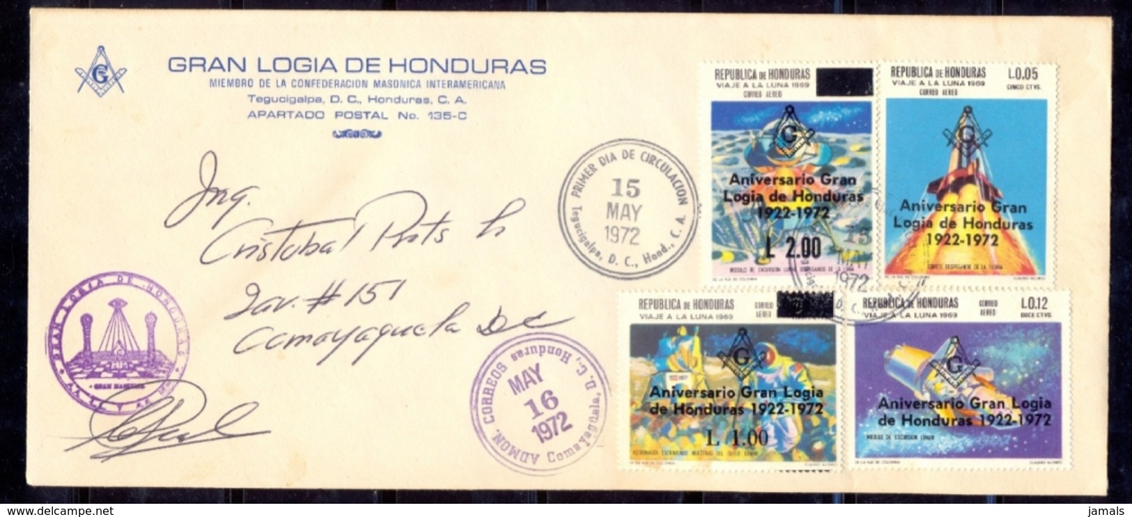 Honduras Masonic FDC With Signature, Error, Broken Compass, Freemasonry, Grand Lodge, Extremely Rare - Freemasonry