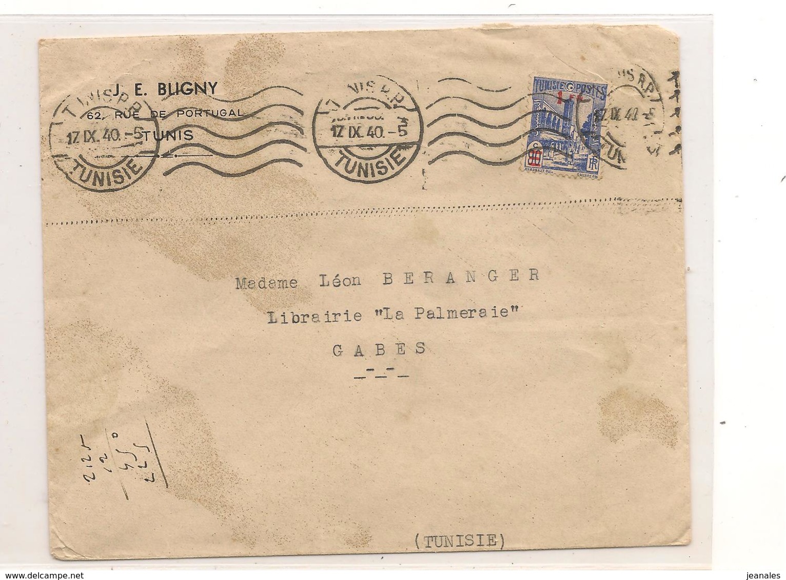 1940 ENVELOPPE DE TUNIS POUR GABES - Briefe U. Dokumente