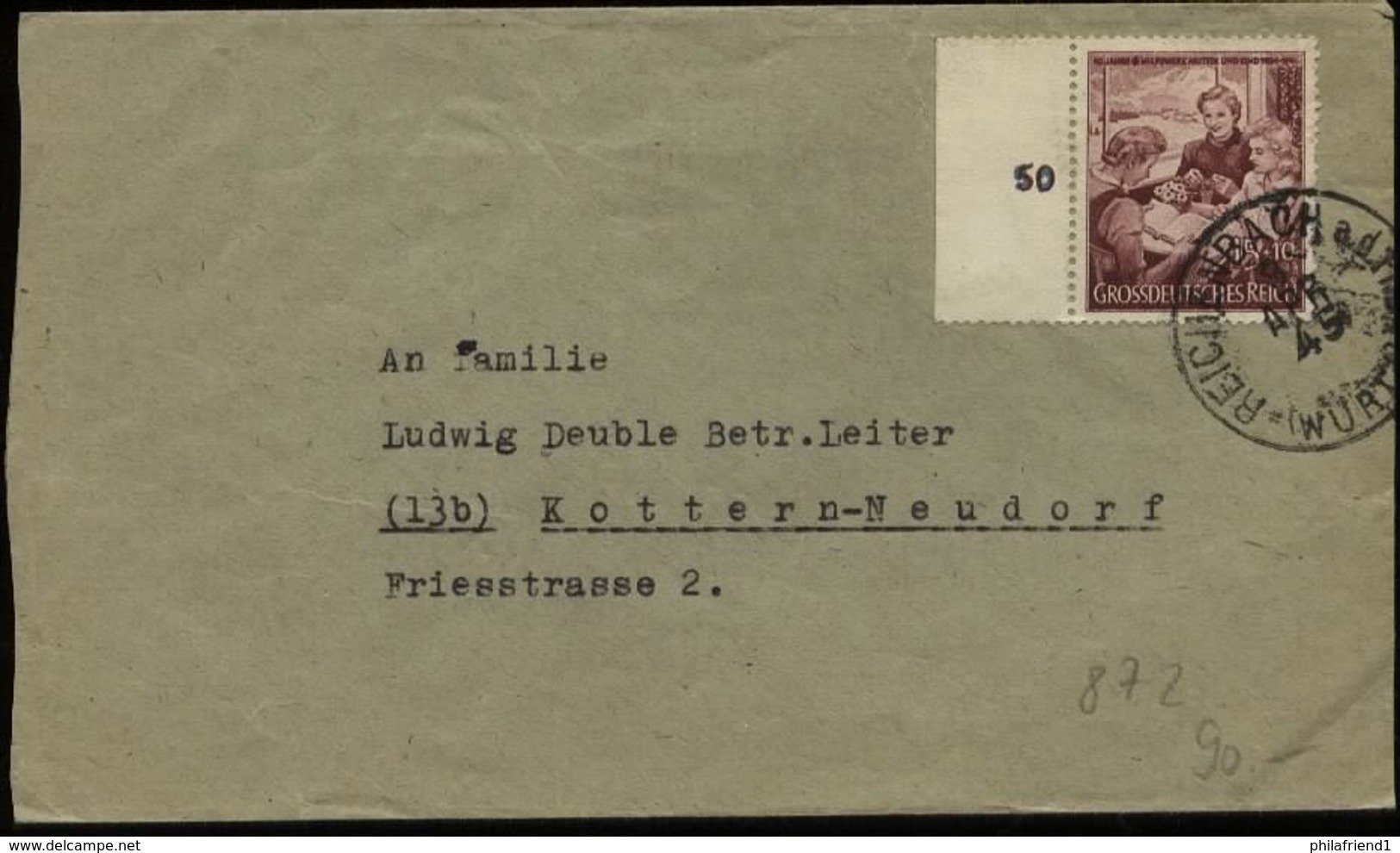 3. Reich - DR 15 Pfg Mutter Und Kind Auf Briefumschlag , Endzeitbeleg: Gebraucht Reichenbach - Kottern 3.4.1945, Bedar - Covers & Documents