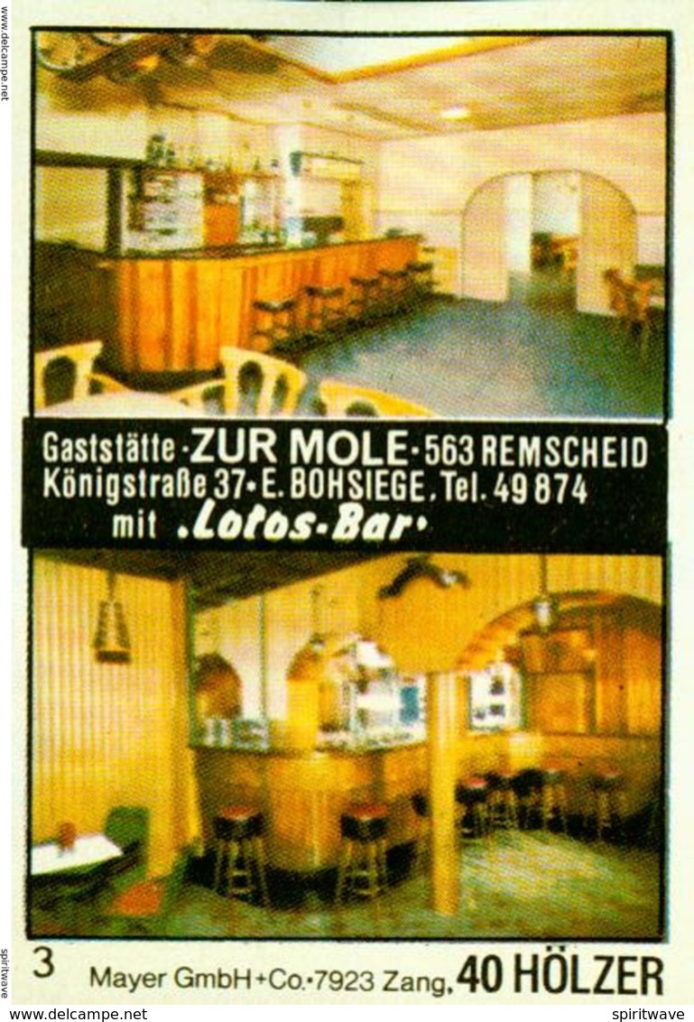 1 Altes Gasthausetikett, Gaststätte Zur Mole, E. Bohsiege 5630 Remscheid, Königstraße 37 #233 - Matchbox Labels