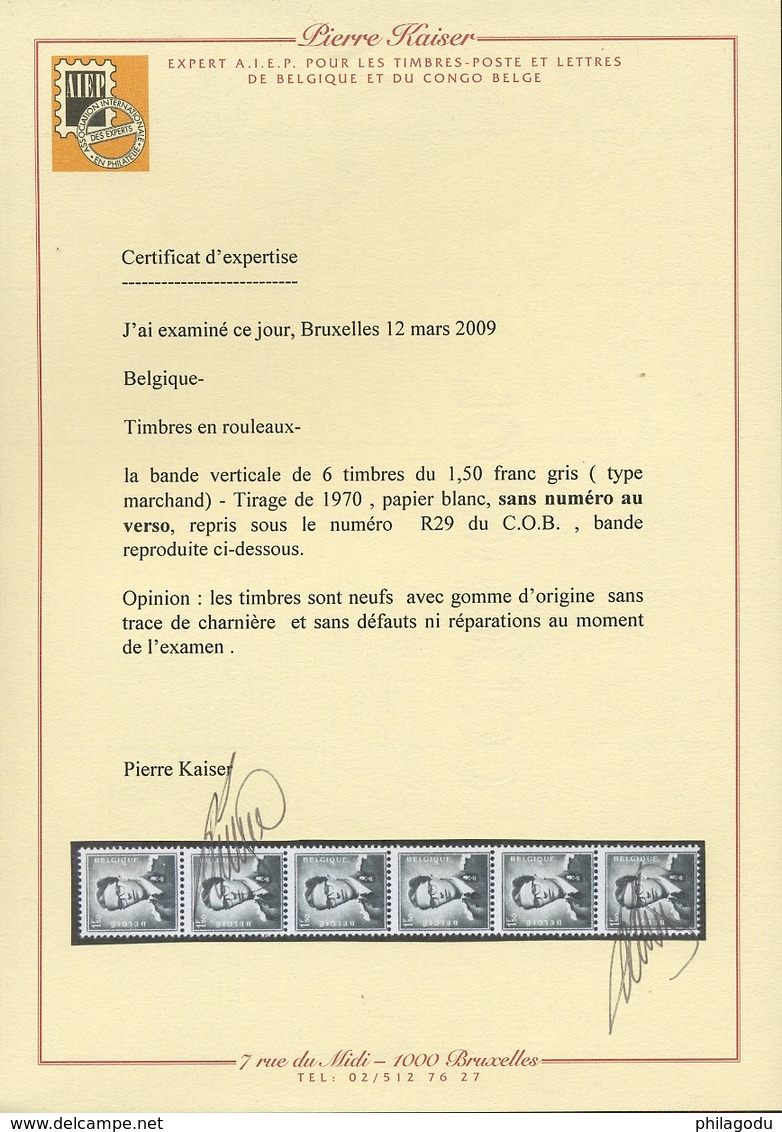 R29 **. Bande De Six Sans Numéro Du 1F50 Et Avec Certificat.  Cote 550,- Euros - Coil Stamps