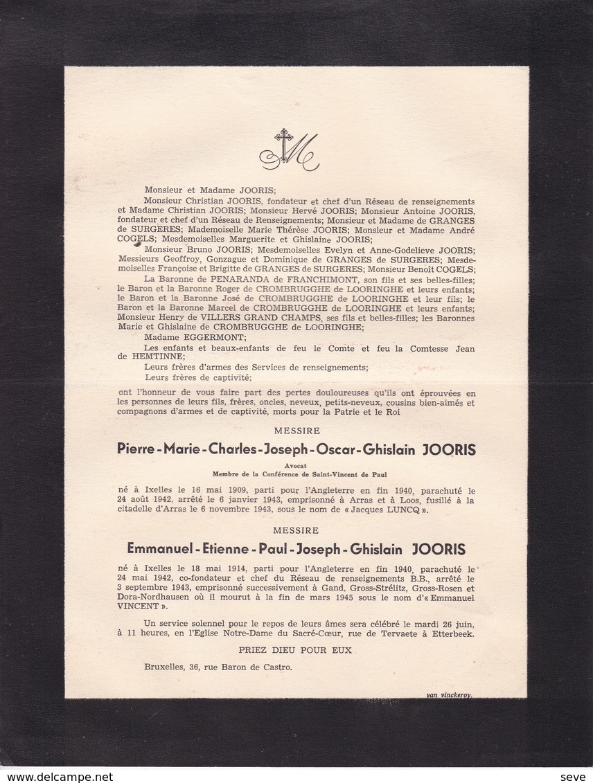 40-45 ARRAS DORA Pierre JOORIS Ixelles 1909 - Fusillé Arras 6 Novembre 1943 Emmanuel JOORIS 1914 - Dora Mars 1945 - Décès