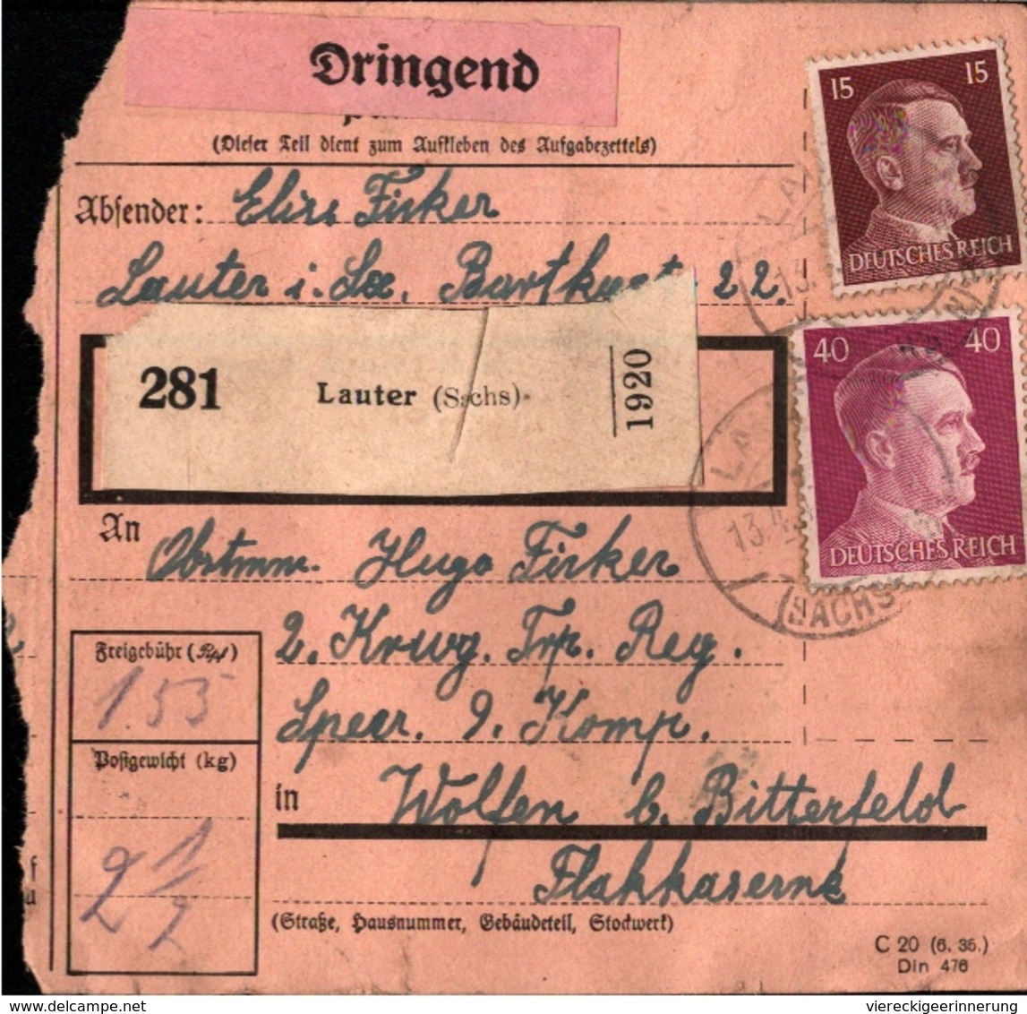 ! 1943  Paketkarte Deutsches Reich, Lauter In Sachsen, Wolfen - Briefe U. Dokumente