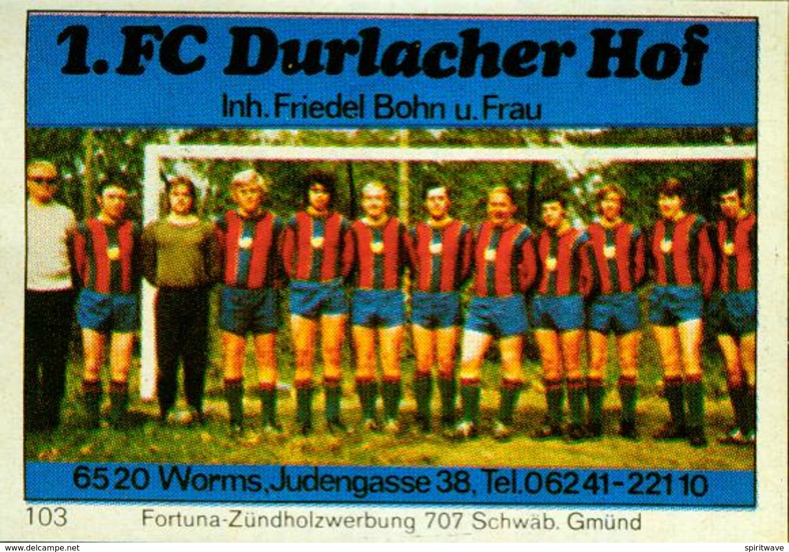 1 Altes Gasthausetikett, 1.FC Durlacher Hof, Inh. Friedel Bohn U. Frau, 6520 Worms, Judengasse 38 #240 - Matchbox Labels