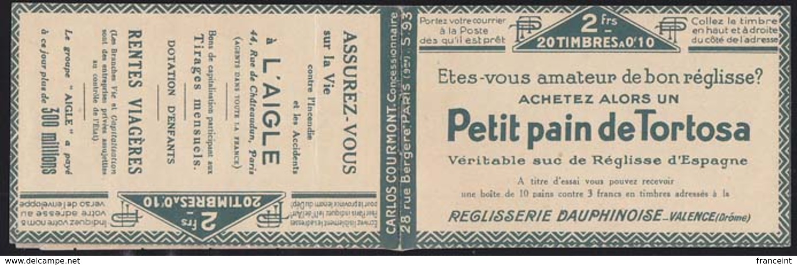 FRANCE (1923) Licorice, Mineral Water. Fish. Butter Substitute. Winter Sports. Booklet Of 20 Stamps, 10 Centime Pasteur - Other & Unclassified