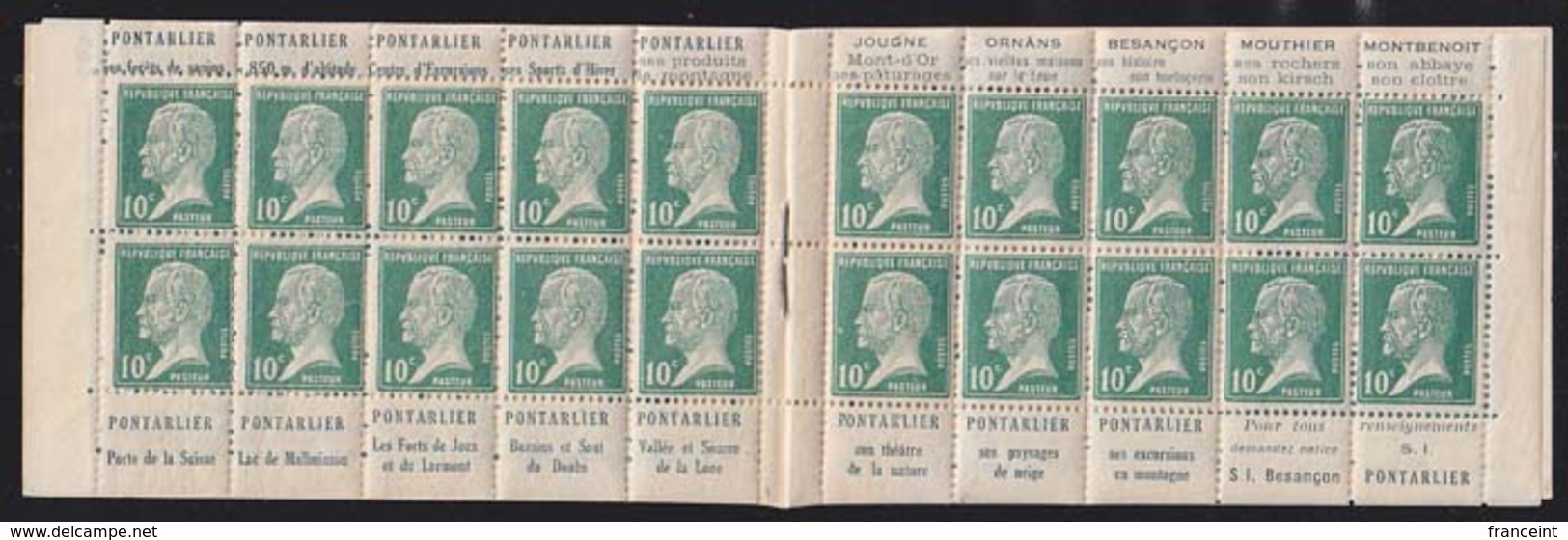 FRANCE (1923) Licorice, Mineral Water. Fish. Butter Substitute. Winter Sports. Booklet Of 20 Stamps, 10 Centime Pasteur - Other & Unclassified