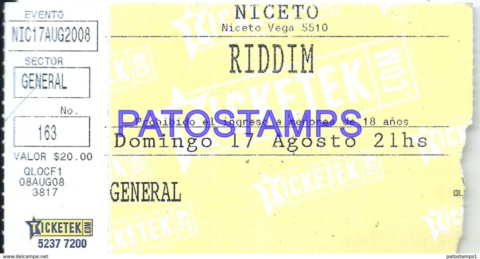 126224 ARGENTINA MUSIC RIDDIM NICETO VEGA ENTRADA TICKET NO POSTAL POSTCARD - Altri & Non Classificati
