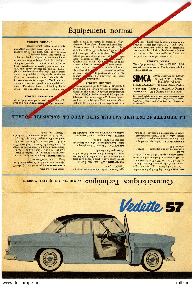 SIMCA - Vedette 57. - Feuille Avec Les Caractéristiques Techniques Commune Aux Quatre Modèle - Auto