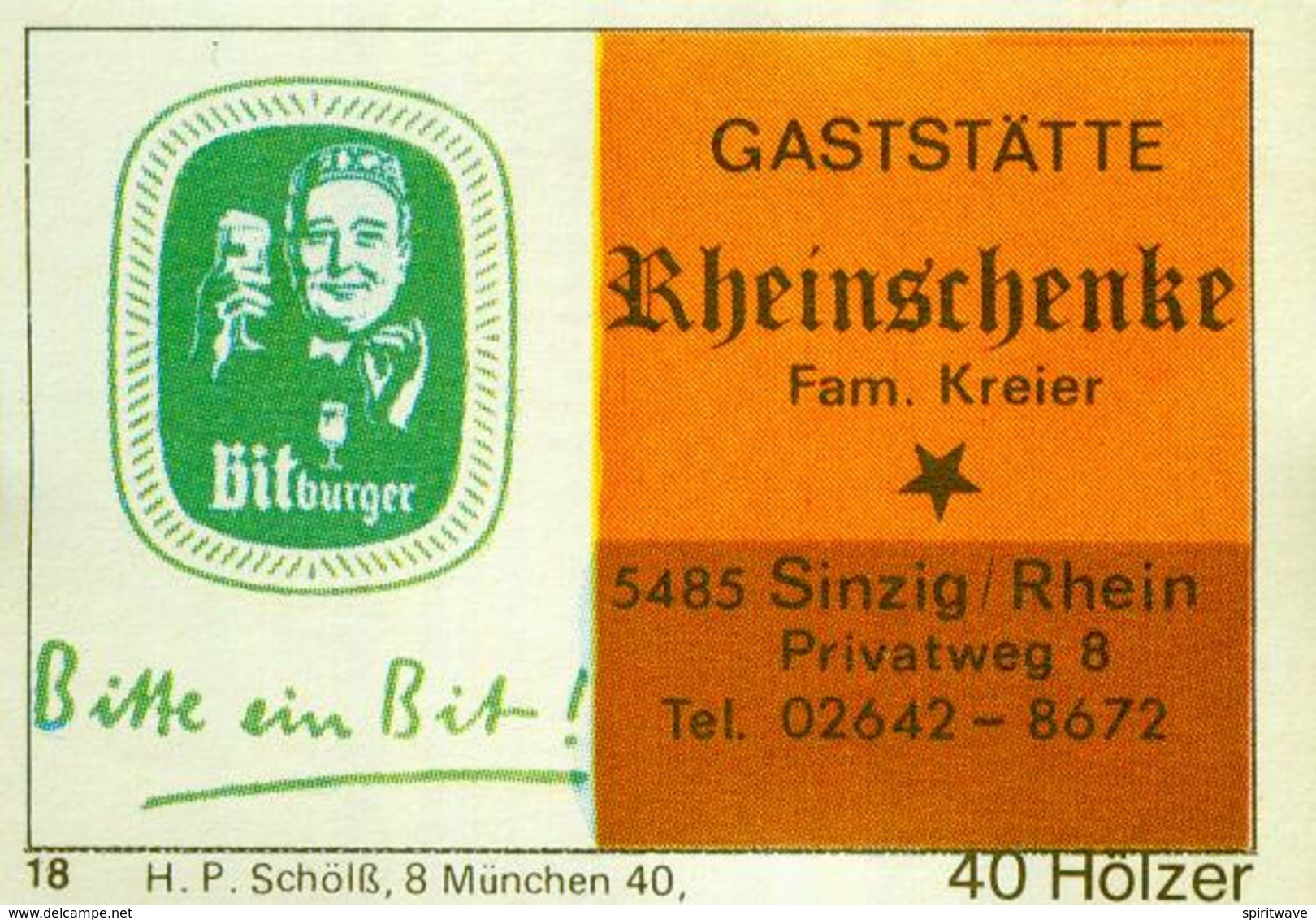 1 Altes Gasthausetikett, Gaststätte	Rheinschenke, Fam. Kreier, 5485 Sinzig/Rhein, Privatweg 8 #250 - Matchbox Labels