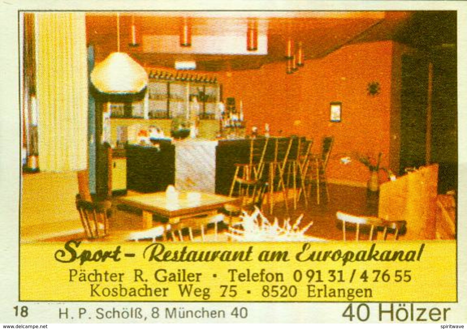 1 Altes Gasthausetikett, Sport-Restaurant Am Europakanal, Pächter R. Gailer, 8520 Erlangen, Kosbacher Weg 75 #252 - Matchbox Labels