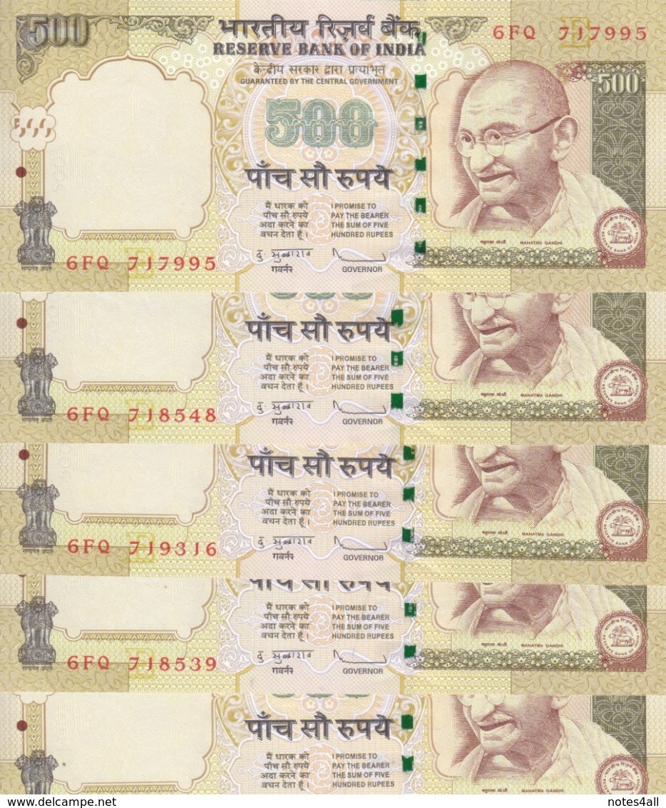 INDIA 500 RUPEES 2010 P-99e WITH LETTER E LOT X5 UNC NOTES */* - India