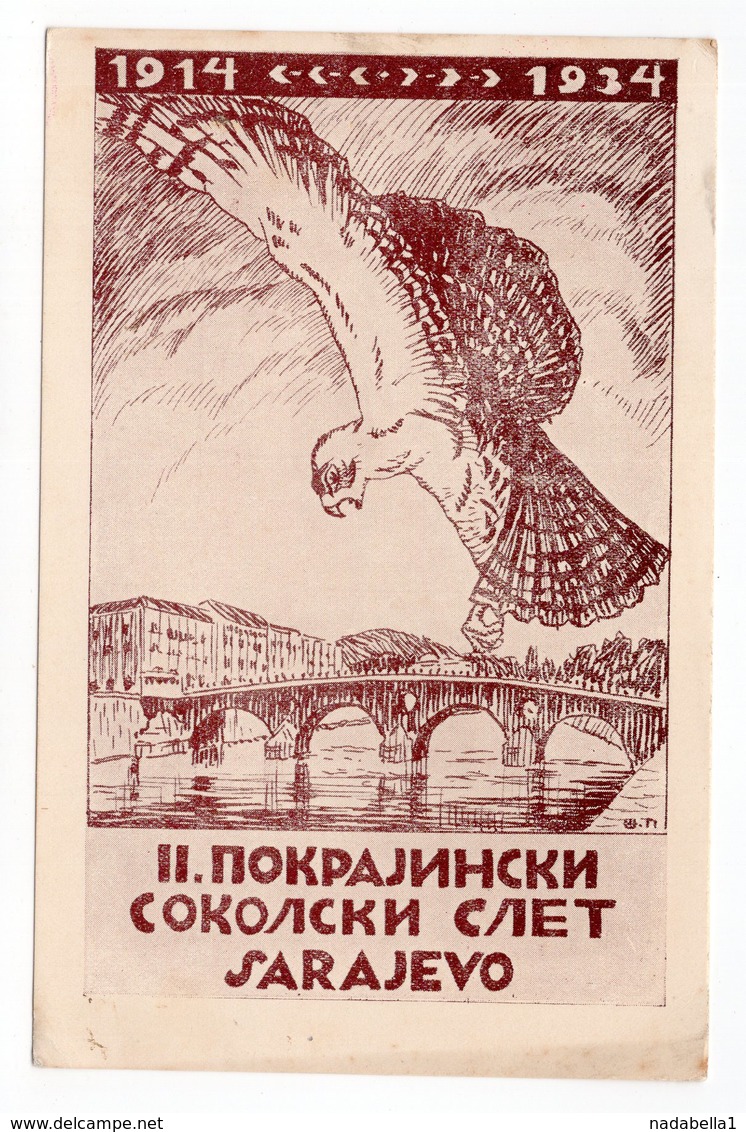 1934 YUGOSLAVIA, SARAJEVO, SPECIAL STAMP, SPECIAL CANCELATION: SOKOL SLET 28/29. 07.1934. ILLUSTRATED POSTCARD - Yugoslavia