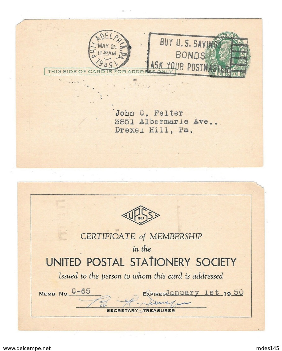 USA 1949 UX26 S36 PrePostal Stationery Card 1c Green Lincoln UPSS Membership Cert - Postal History