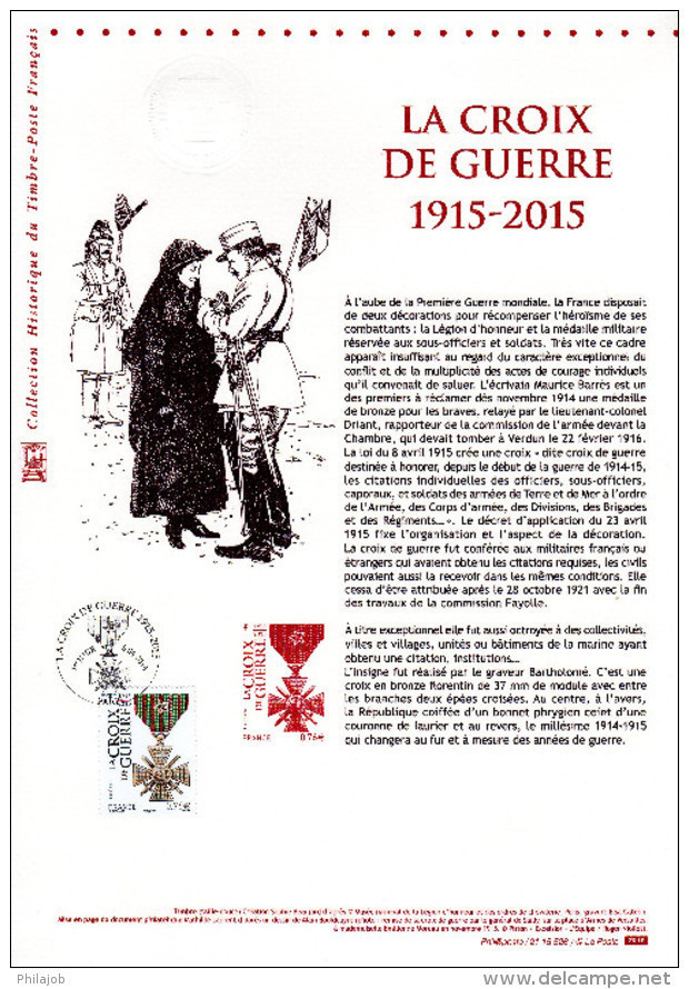 100 ANS DE LA CROIX DE GUERRE " Sur Document Philatélique Officiel De 2015  N° YT 4942. DPO - 2010-2019