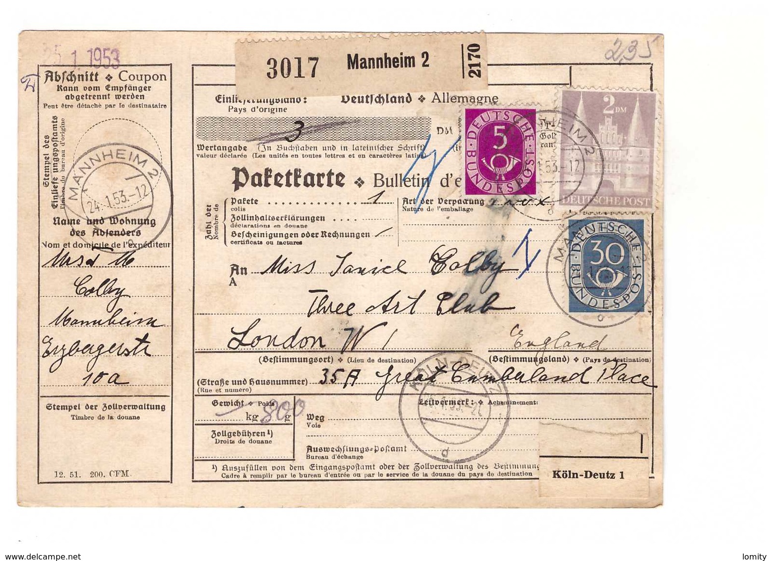 Allemagne 1953 Paketkarte Bulletin à Expédition Deutschland Cachet Mannheim 2dm 30pf 5pf Pour Londres London England - Lettres & Documents