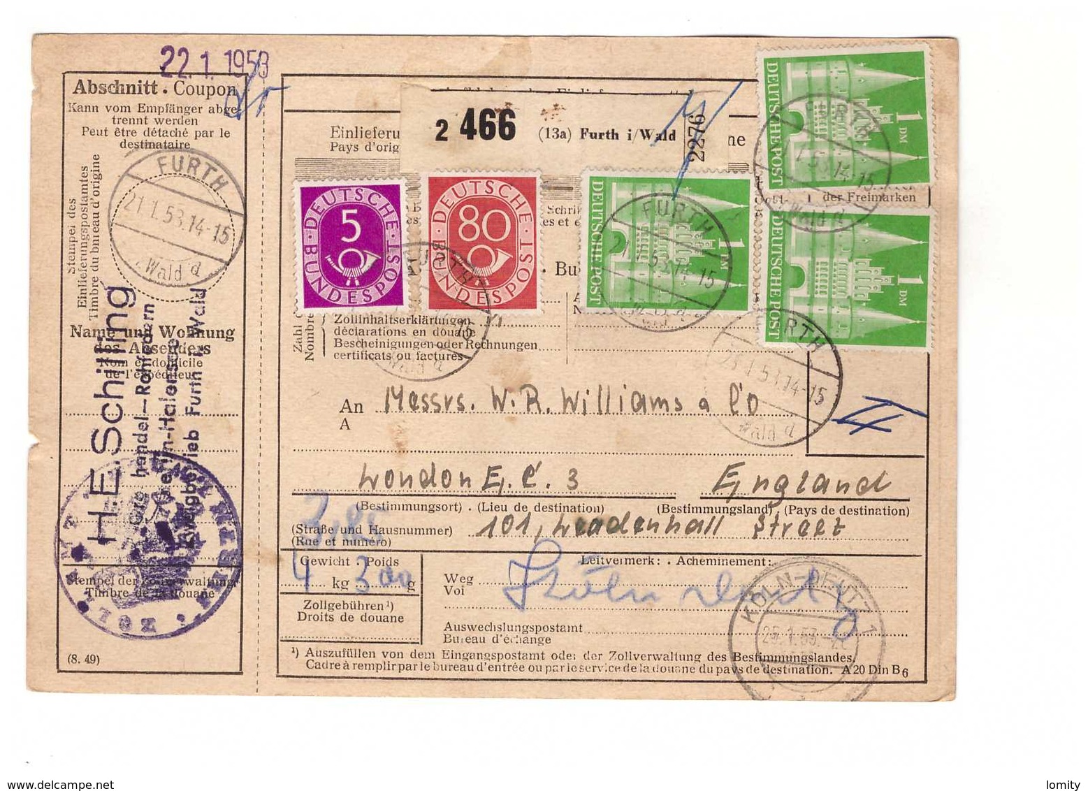 Allemagne 1953 Paketkarte Bulletin à Expédition Deutschland Cachet Furth Wald 1dm 80pf 5pf Pour Londres London England - Lettres & Documents