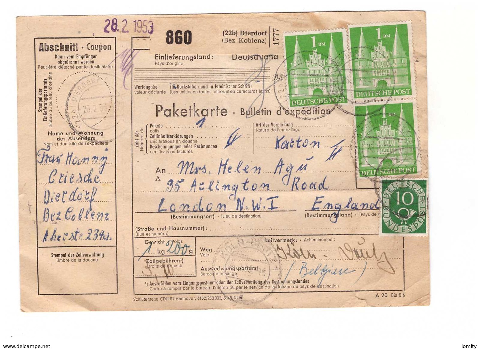 Allemagne 1953 Paketkarte Bulletin à Expédition Deutschland Cachet Dierdorf 1dm 10pf  Pour Londres London England - Lettres & Documents