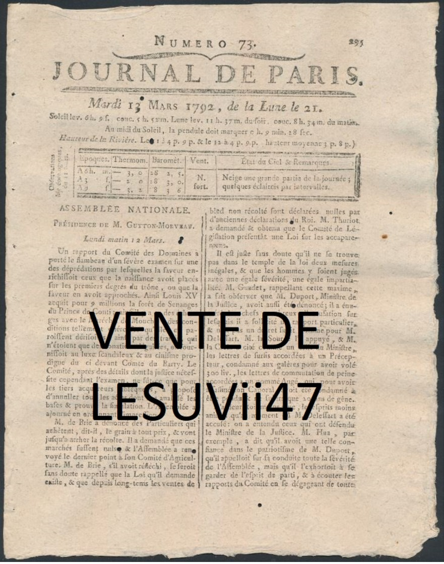 PARIS  " JOURNAL DE PARIS & LA GAZETTE DE PARIS ", PENDANT LA REVOLUTION.